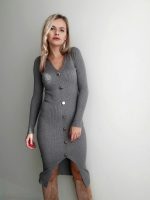 rebrované pletené šaty, sivá farbe, golier, zlaté gombíky