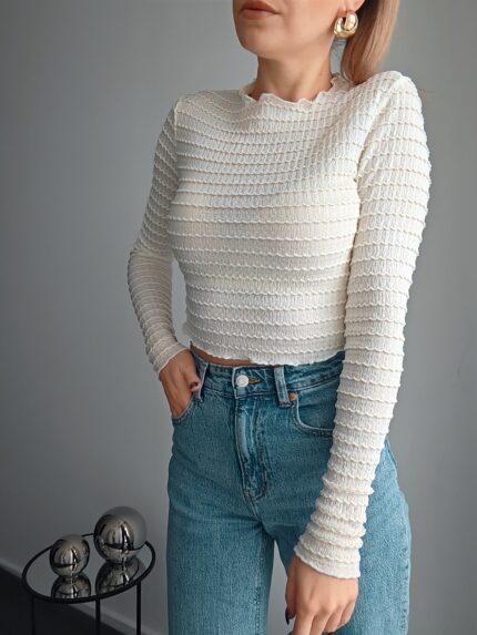 transparentný top, dlhý rukáv, smotanový top, crop top