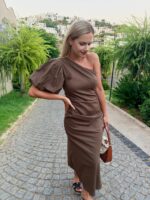 Ľanové khaki šaty s balónovým rukávom – Obrázok 7